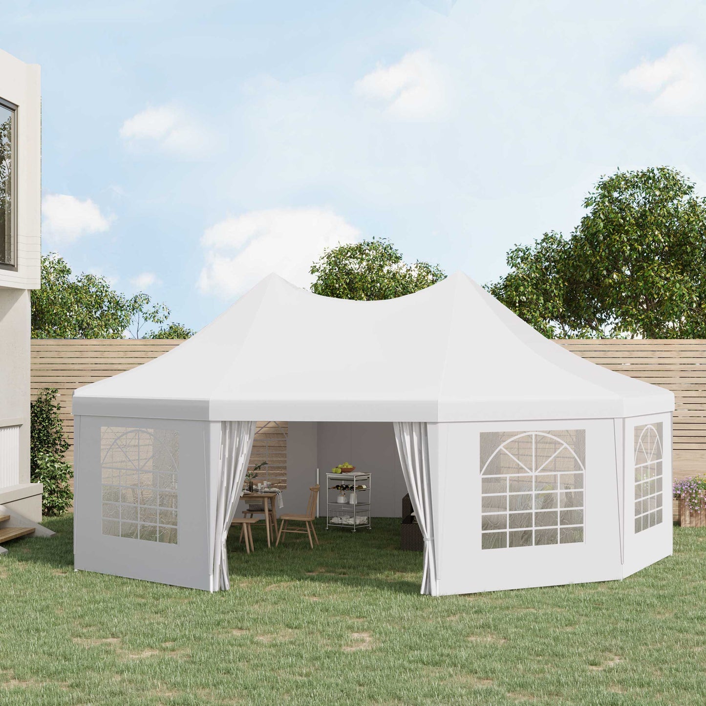 Outsunny 10 Sides Decagonal Garden Gazebo Marquee Party Tent Wedding Canopy Outdoor Heavy Duty Metal Frame (8.9m x 6.5m) - White