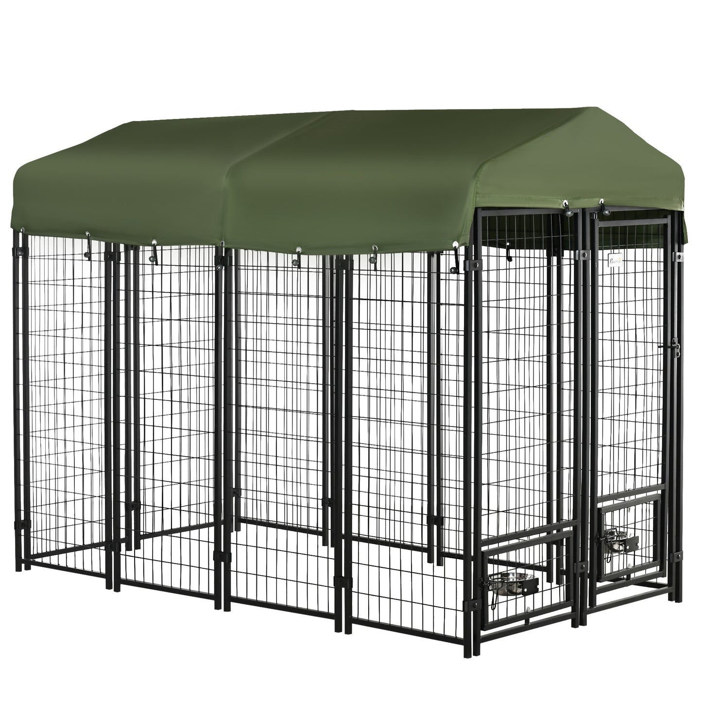 PawHut Outdoor Dog Kennel, with Water-Resistant Canopy, Two Rotatable Bowls - Green