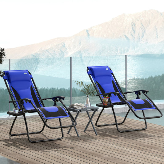 Outsunny Zero Gravity Lounger Chair Set of 2, składany rozkładany fotel ogrodowy z wyściełanym siedziskiem, uchwytem na kubek, miękką poduszką i zagłówkiem do użytku przy basenie, kempingowy, niebieski