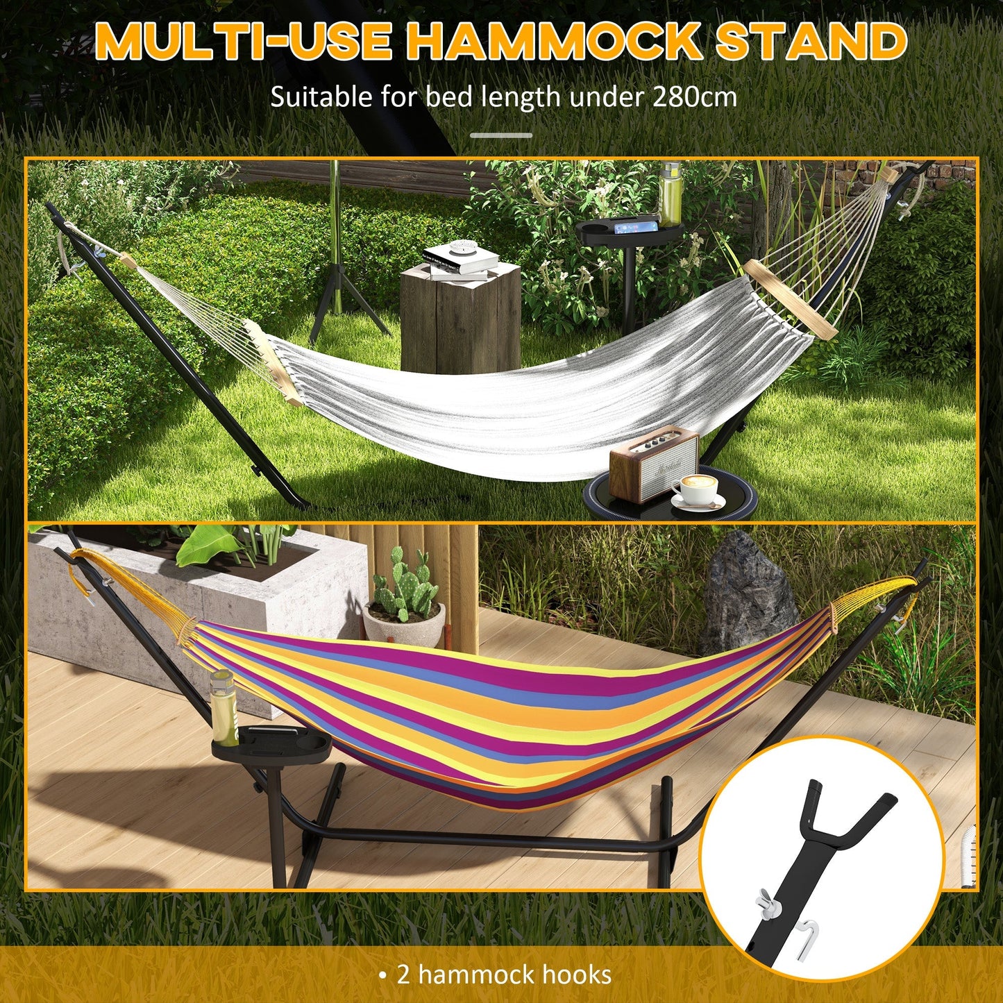 9.4ft Hammock Stand With Side Tray Stand, Steel Frame Net Support For String, Brazilian, Flat, Rope Style Hammocks - Black