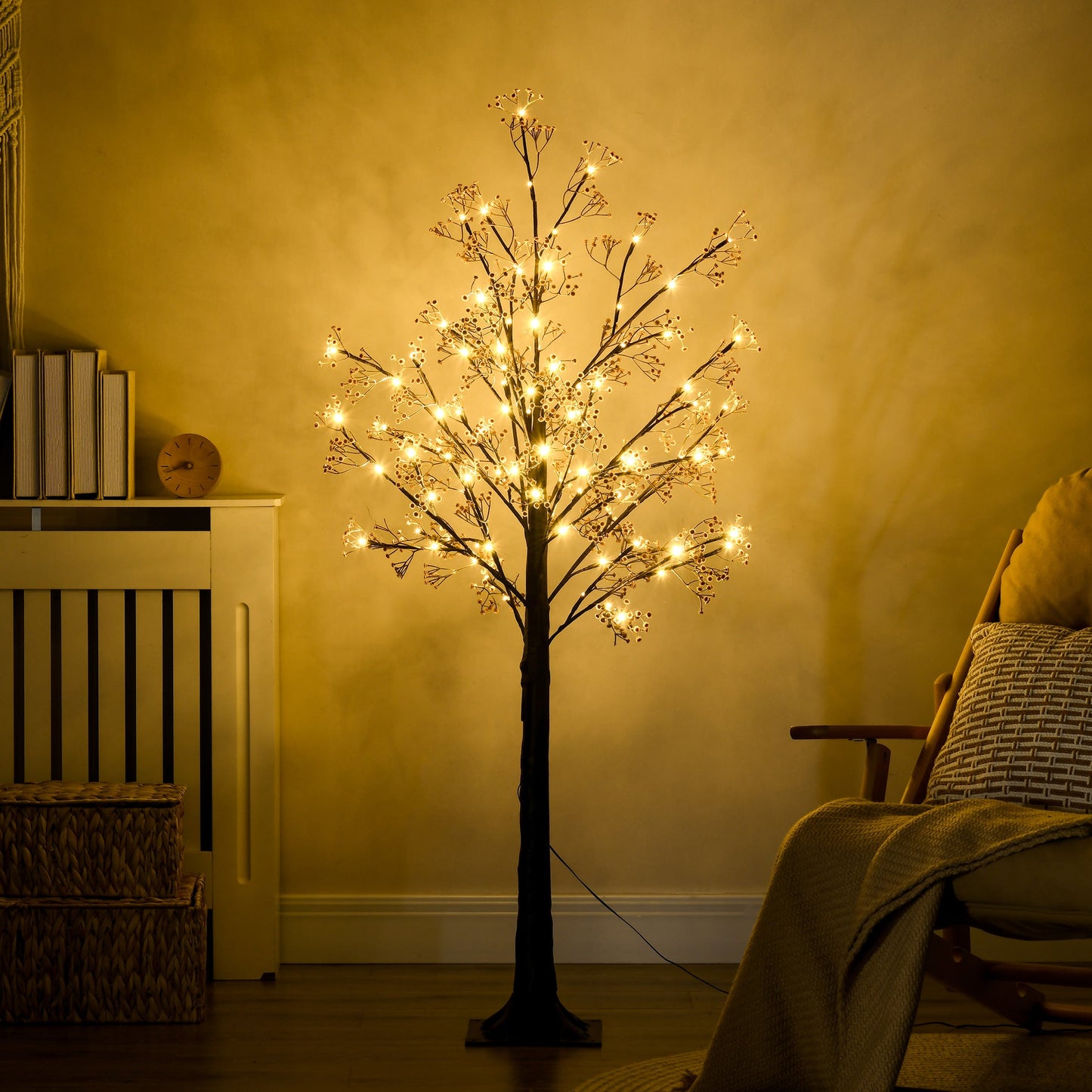 HOMCOM 5ft ضوء شجرة زهر الجيبسوفيلا الاصطناعي مع 96 ضوء LED أبيض دافئ، زهور نفس الطفل للمنزل وحفلات الزفاف، للاستخدام الداخلي والخارجي