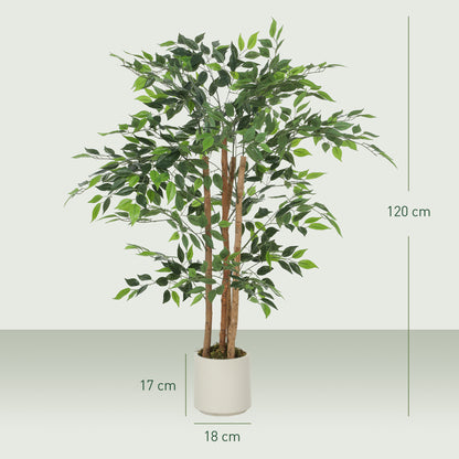 HOMCOM 120cm Artificial Ficus Tree, Fake Potted Tree with Solid Wood Trunk and Pot for Indoor, Green