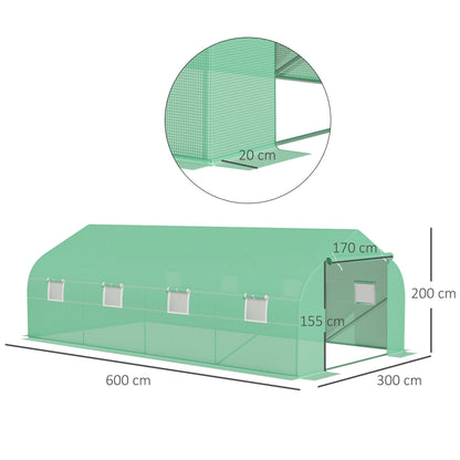 Outsunny 6 x 3 m Large Walk-In Greenhouse Garden Polytunnel Greenhouse w/ Metal Frame, Zippered Door and Roll Up Windows, Green