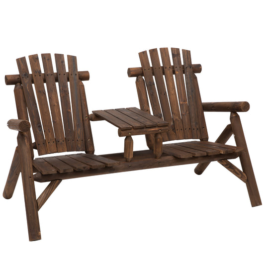Outsunny Wood Patio Chair Bench 2 Seats Jack and Jill Seat z centralnym stolikiem kawowym, ławka ogrodowa, karbonizowana