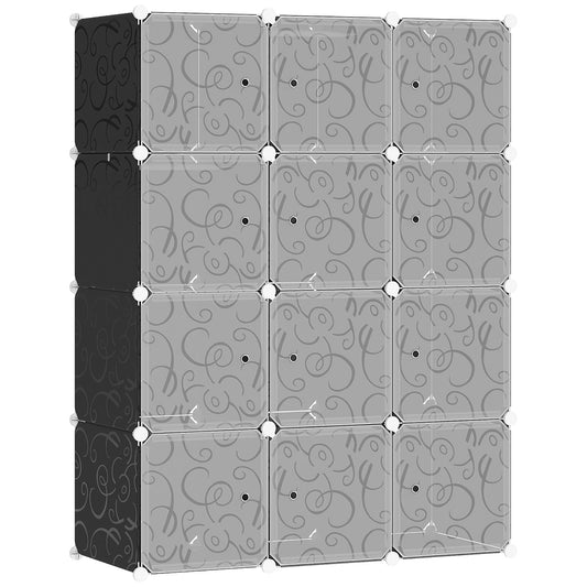 HOMCOM Portable Wardrobe for Bedroom, 12 Cube Closet with 2 Hanging Rails, Modular Storage Cabinet, Plastic Armoire for Space Saving, White and Black