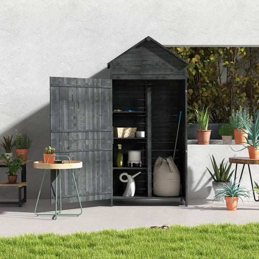 Outsunny Garden Shed 4-poziomowy drewniany domek ogrodowy na zewnątrz 3 półki szafka ogrodowa zamykana na klucz 2 drzwi - szary
