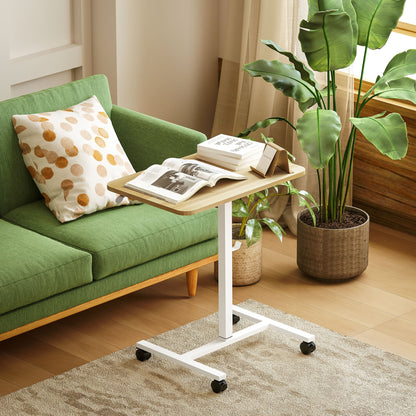 HOMCOM Height Adjustable Standing Desk, Pneumatic Sit Stand Desk for Laptop, Mobile Overbed Table with Wheels and Headphone Hook for Home Office, Natural Wood Finish