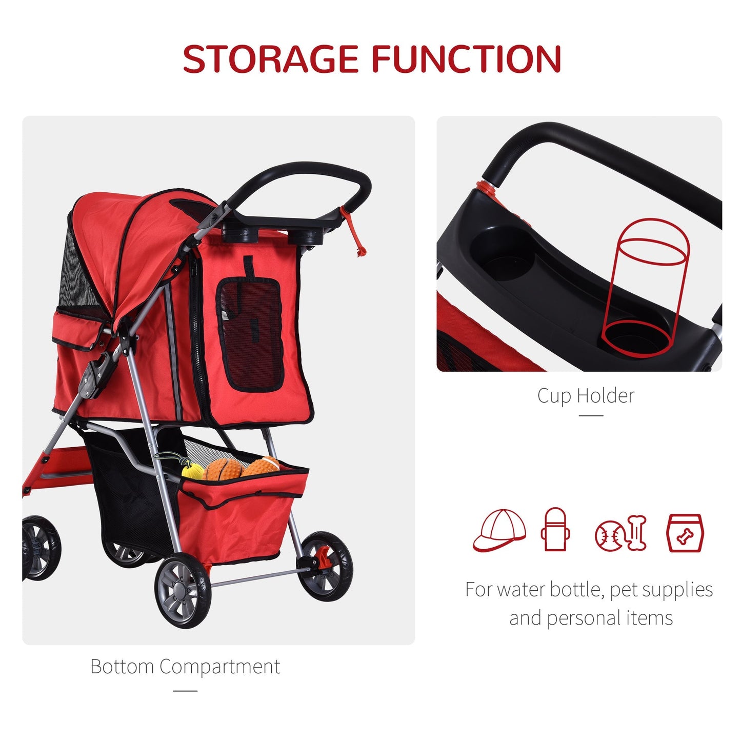 PawHut Pet Stroller Dog Pram Foldable Dog Pushchair Cat Travel Carriage w/ Wheels, Zipper Entry, for Small Pets, Red