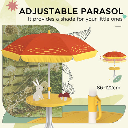 Outsunny Kids Picnic Table and Chair Set Lion Themed Outdoor Garden Furniture w/ Foldable Chairs, Adjustable Parasol - Yellow