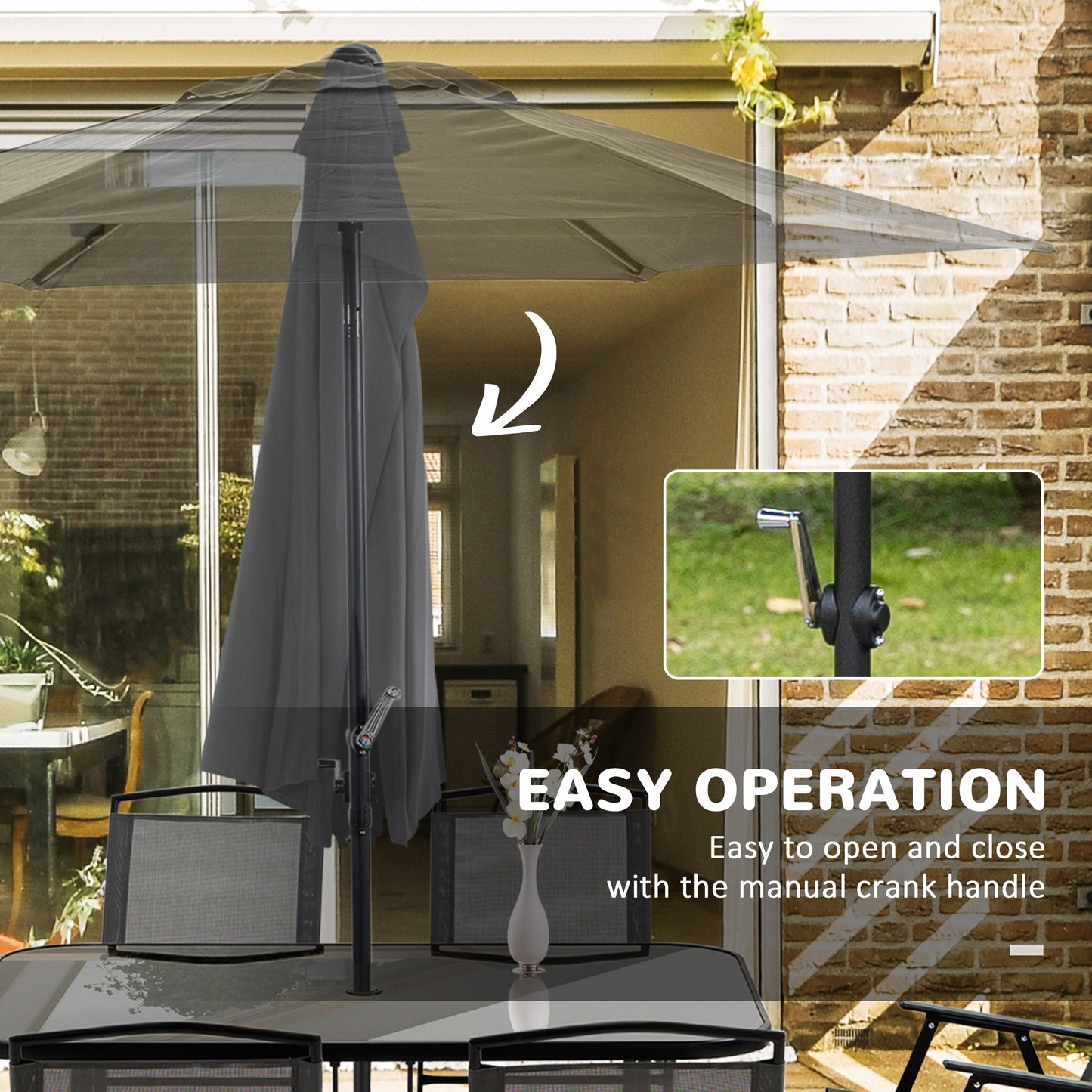 Outsunny Eight-Piece Garden Dining Set, with Chairs, Table and Parasol - Black