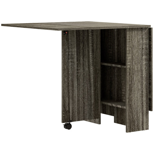 HOMCOM Folding Dining Table, Drop Leaf Table with 2-Tier Shelves, Rolling Casters, for Small Spaces, Kitchen, Grey