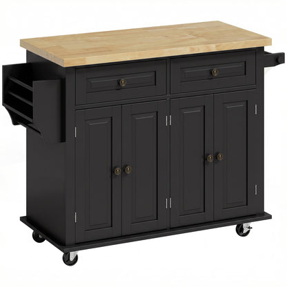 HOMCOM Kitchen Island on Wheels, Rolling Kitchen Trolley with Rubberwood Top, 2 Drawers, Adjustable Shelves, Black
