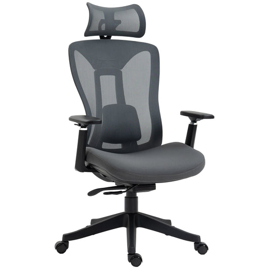 Fotel biurowy Vinsetto Mesh, ergonomiczny fotel biurowy, fotel komputerowy z regulowanym zagłówkiem i podparciem lędźwiowym, odchylane oparcie 135√Ç¬∞ i podłokietnik 3D do domowego biura, szary