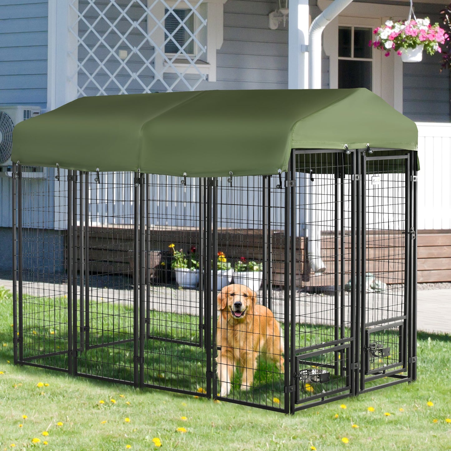 PawHut Outdoor Dog Kennel, with Water-Resistant Canopy, Two Rotatable Bowls - Green