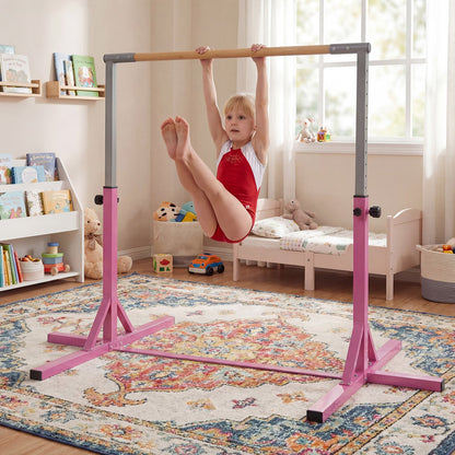 Gymnastics Bar Adjustable Horizontal Kip Bar with 85-145 CM 12-Level Height-Pink
