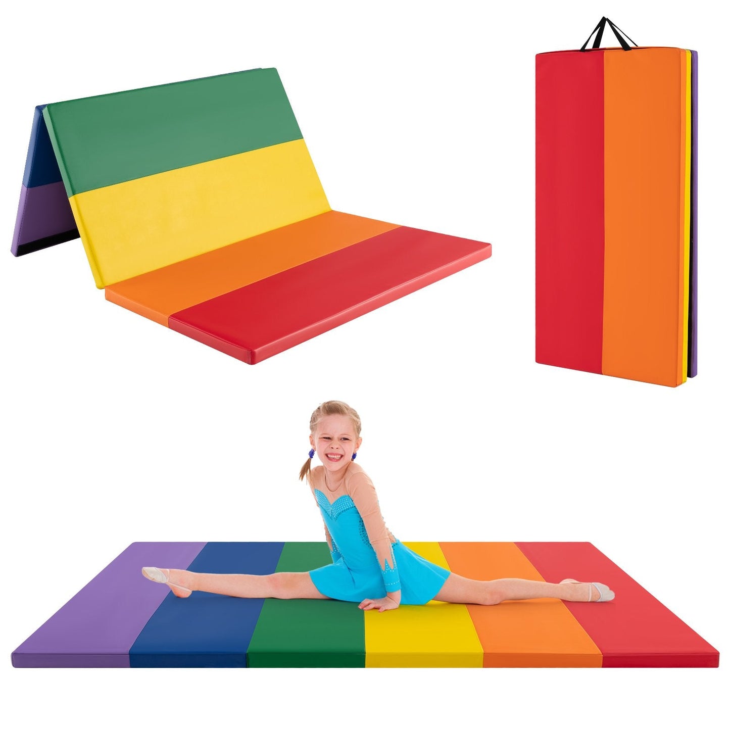 Gymnastics Mat Tri-Fold Thick Tumbling Mat with Hook and Loop Fasteners-Colourful