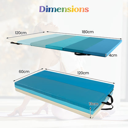 Gymnastics Mat Tri-Fold Thick Tumbling Mat with Hook and Loop Fasteners-Blue