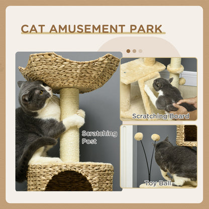 PawHut Cat Tree Tower with Scratching Post, Cat House, Bed, Toy Ball, Platform - Beige