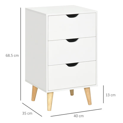 HOMCOM Bedside Table, Bedside Cabinet with 3 Drawers, Side End Table with Pine Wood Legs for Bedroom Living Room, White