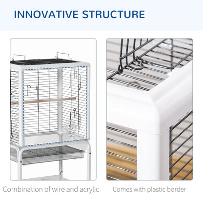 PawHut Large Metal Bird Cage Open Top Aviary for Finch Canaries, Budgies with Handle, Rolling Stand, Slide-out Tray, Storage Shelf, Wood Perch, White