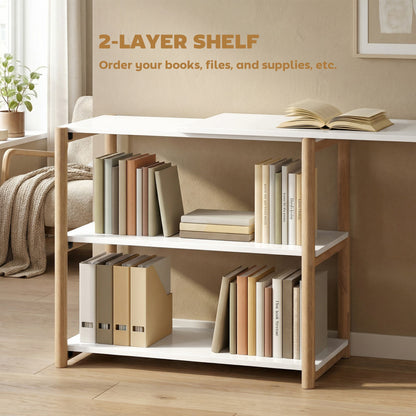 HOMCOM Computer Desk with Storage Shelves Modern Writing Desk Bamboo Frame for Home Office 150 cm White and Oak
