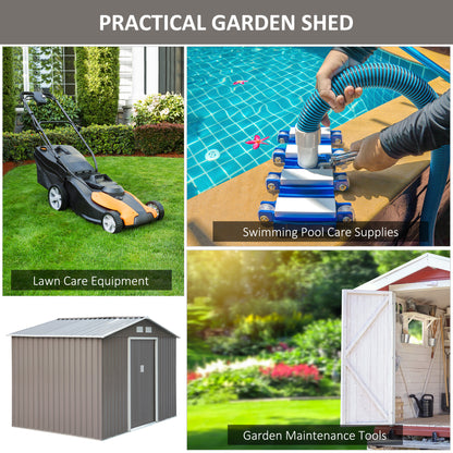 Outsunny 9 x 6FT Outdoor Garden Roofed Metal Storage Shed Tool Box z wentylacją fundamentową i drzwiami Jasny, szary