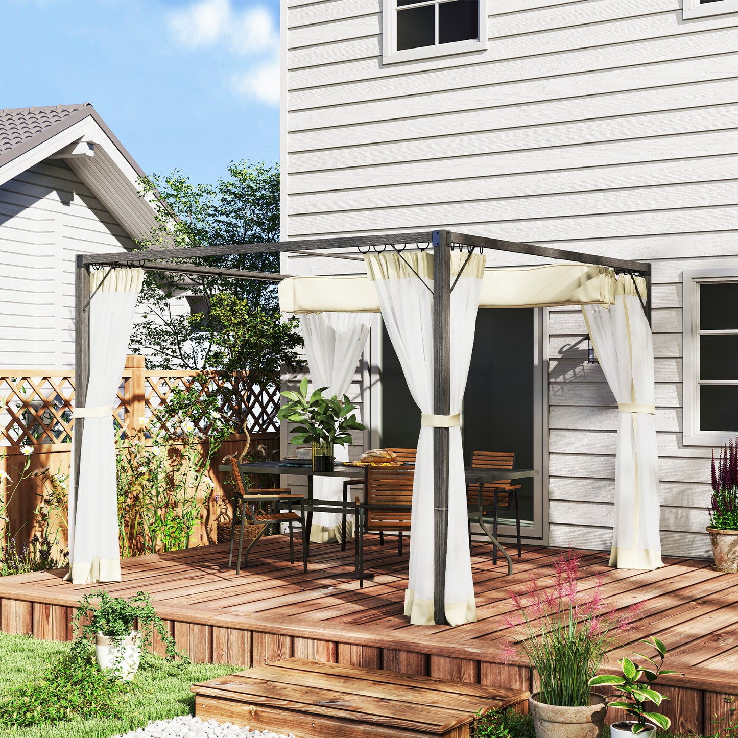 Pergola aluminiowa Outsunny 3 x 3 m z rozsuwanym dachem w kolorze khaki