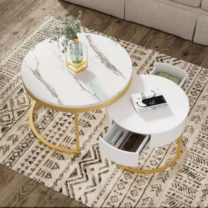 Rotating Round Marble Coffee Table Set, High Gloss Pattern with Golden Metal Frame, Set of 2, 70x70x45 cm + 50x50x38.5 cm, White