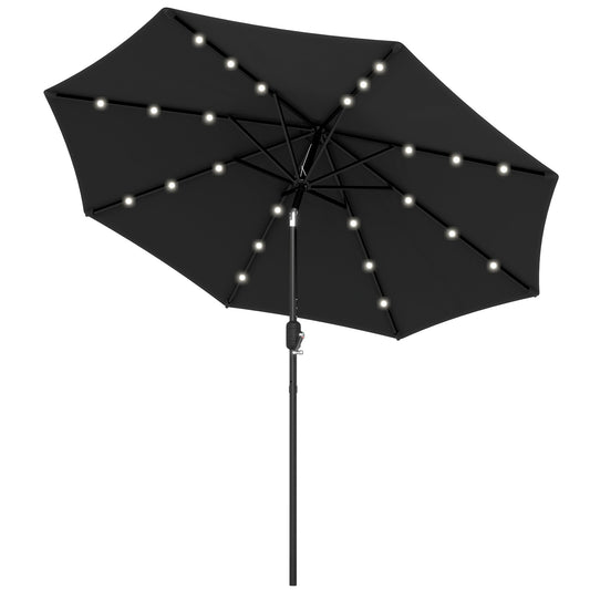 Outsunny â2.7m Garden Parasol Solar Outdoor Tilt Sun Umbrella Patio Sun Shade w/ 24 LED Light, Hand Crank and 8 Ribs, Black