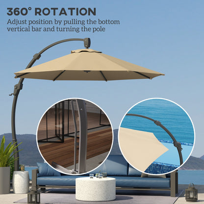 Outsunny 3(m) Garden Cantilever Parasol, Round Overhanging Umbrella with Crank Handle, Cross Base, Aluminium Frame and 360 Rotation, Banana Patio Umbrella for Outdoor Sun Shade, Khaki