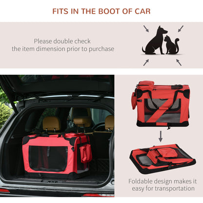 PawHut Foldable Pet Carrier for Small and Miniature Dogs, Portable Cat Carrier Soft Side Pet Travel Crate with Removable Mat, Storage Bags, Breathable Mesh Window 60 x 42 x 42cm - Red