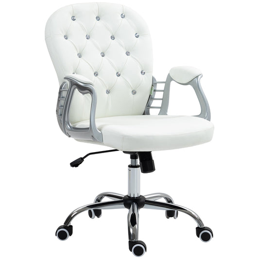 Krzesło biurowe Vinsetto, ergonomiczne, obrotowe, 360°, z wyściełaną podstawą z PU i diamentami, z 5 kółkami do pracy w domu, białe