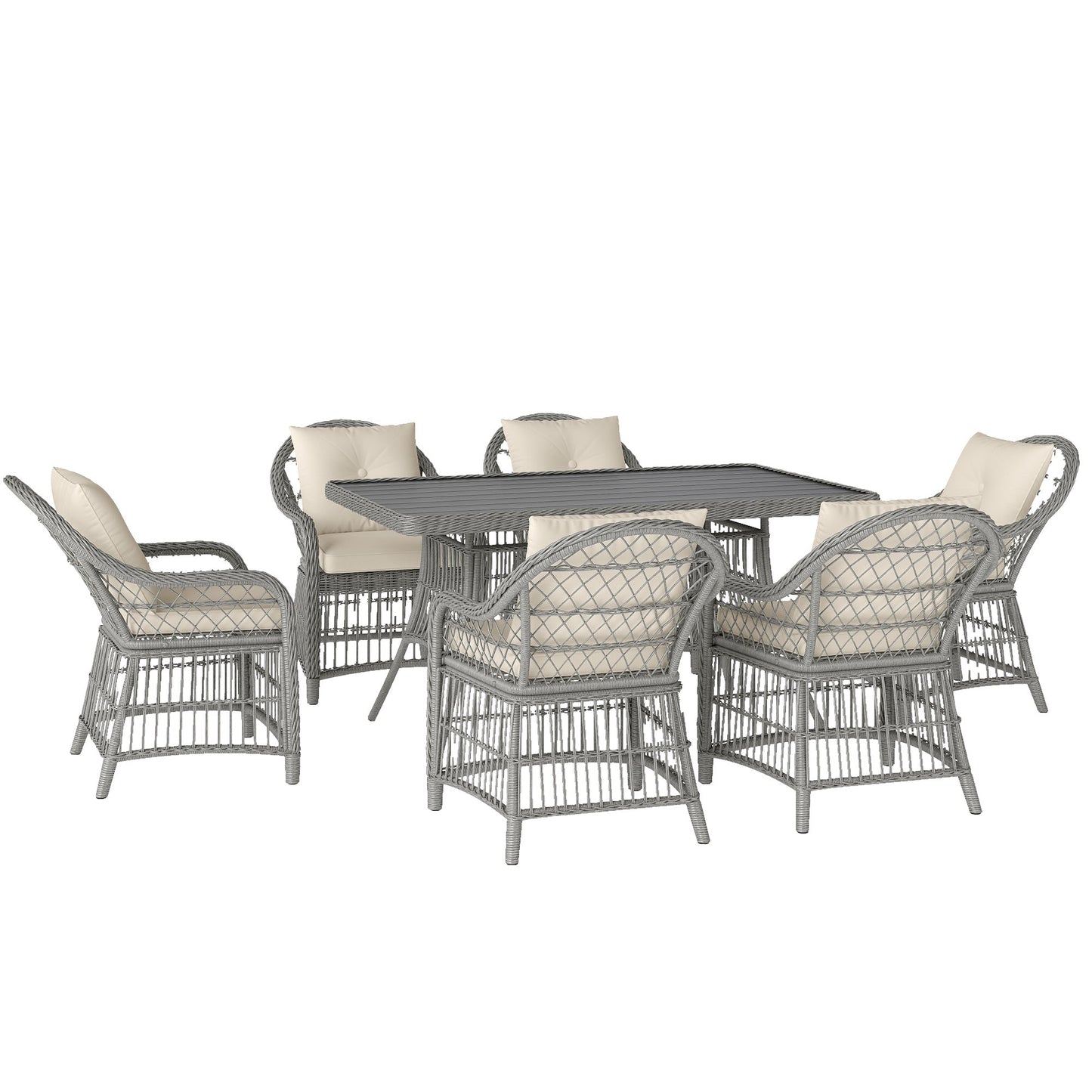 Outsunny Rattan Dining Set with Seat and Back Cushions, 6 Seater Garden Furniture Set with Aluminium Frame, 6 Chairs, WPC Top Rectangle Table, Conservatory Wicker Patio Furniture, Grey