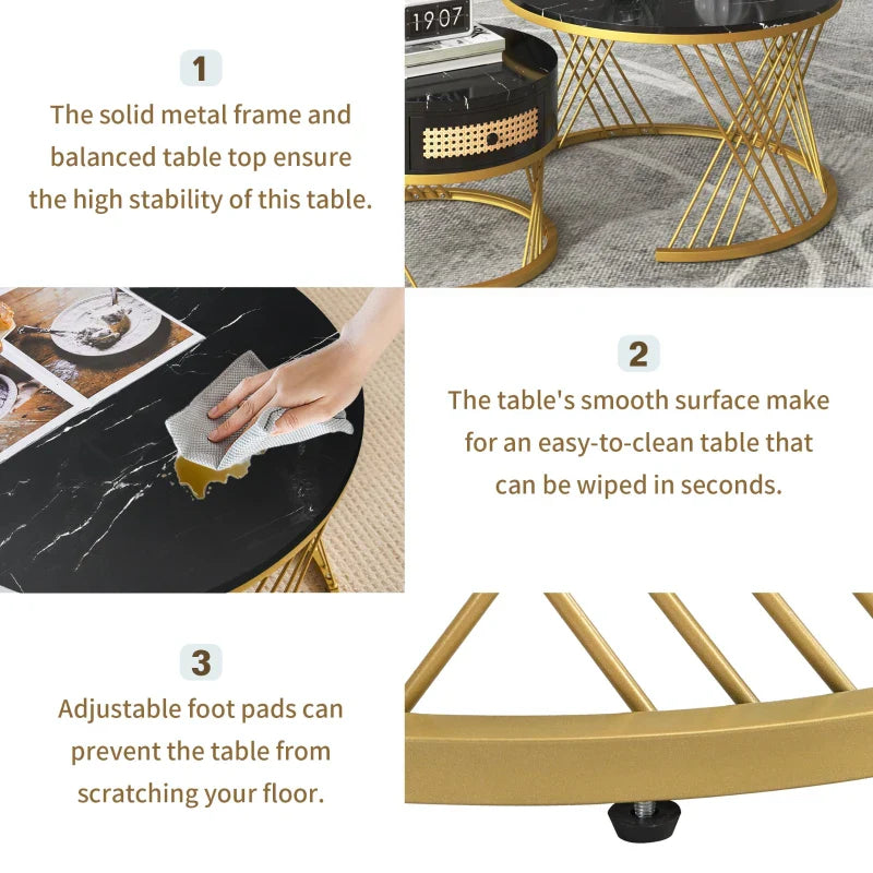 2-in-1 Marble Coffee Table Set with Marble Grain Veneer Top, Rattan Drawers, and Solid Wood Handles, Gold Iron Legs, 70x70x45.5 cm + 50x50x38.5 cm, Black+Gold