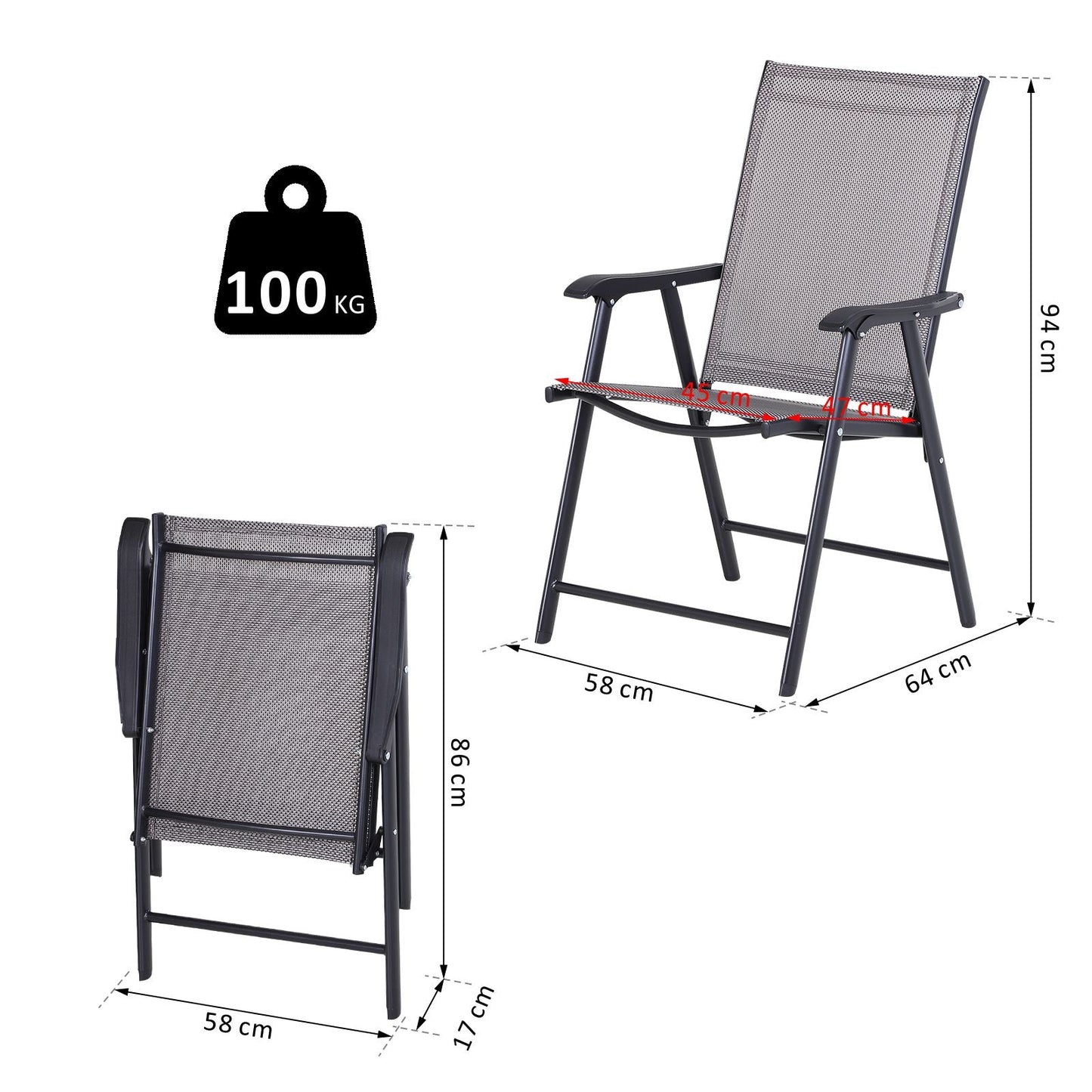 Outsunny Set of 2 Foldable Garden Chairs W/ Metal Frame Outdoor Patio Park Dining Seat Yard Furniture Grey