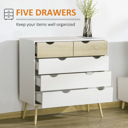 HOMCOM Nordic Style Chest of Drawers, 5 Drawer Dresser with 4 Tapered Legs and Groove Handles, Storage Organiser Side Cabinet for Bedroom, Living Room