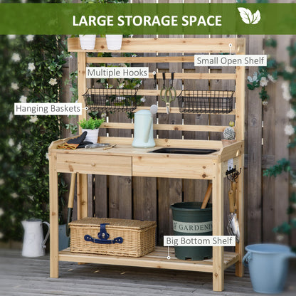 Outsunny Potting Bench Table, Garden Work Bench, Workstation with Metal Sieve Screen, Removable Sink, Additional Hooks and Baskets for Patio, Balcony