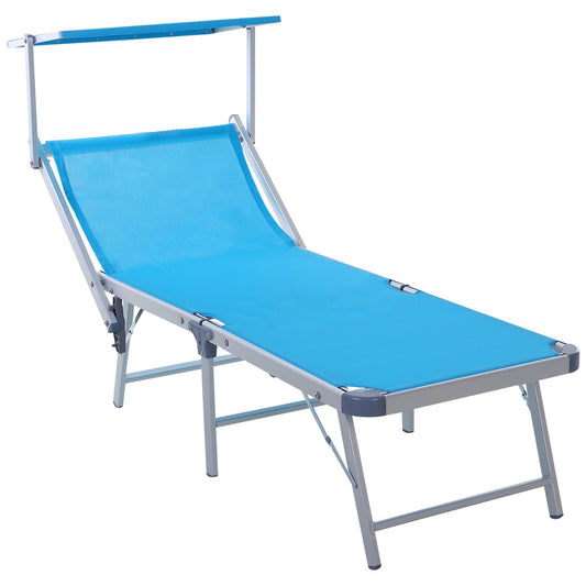 كرسي استلقاء للاستلقاء من Outsunny Garden Sun Lounger Texteline Chaise Lounge مع مظلة وسرير مسند ظهر قابل للتعديل بإطار من الألومنيوم - أزرق