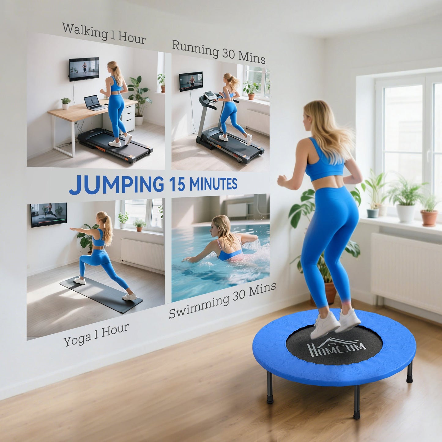 HOMCOM 32" Mini Fitness Trampoline Home Gym Yoga Exercise Rebounder Indoor Outdoor Jumper with Safety Pad, Support Up to 100 KG, Blue and Black