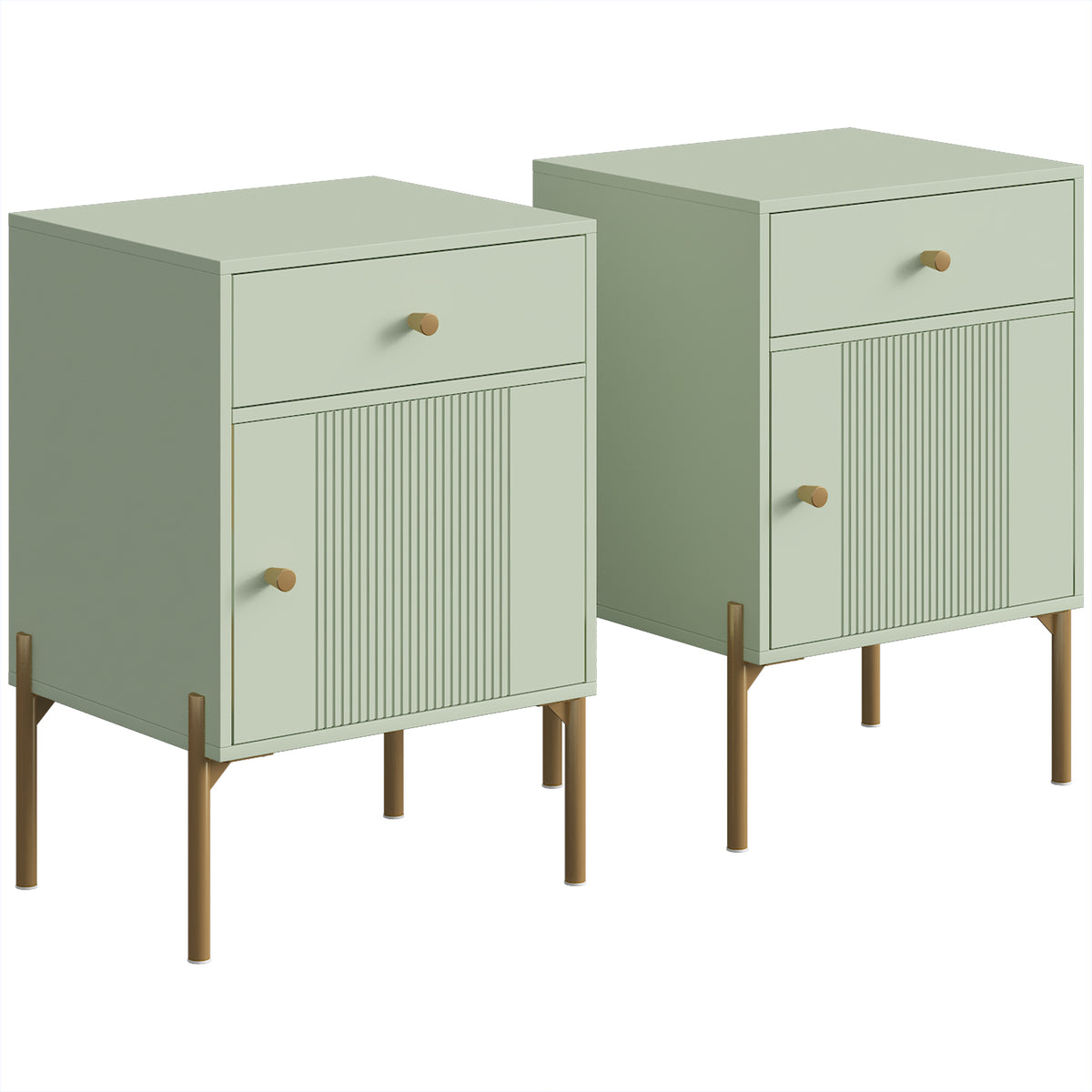 HOMCOM Modern End Table Set of 2, Side Tables with Drawer, Cabinet and Metal Legs for Living Room, Bedroom, Light Green