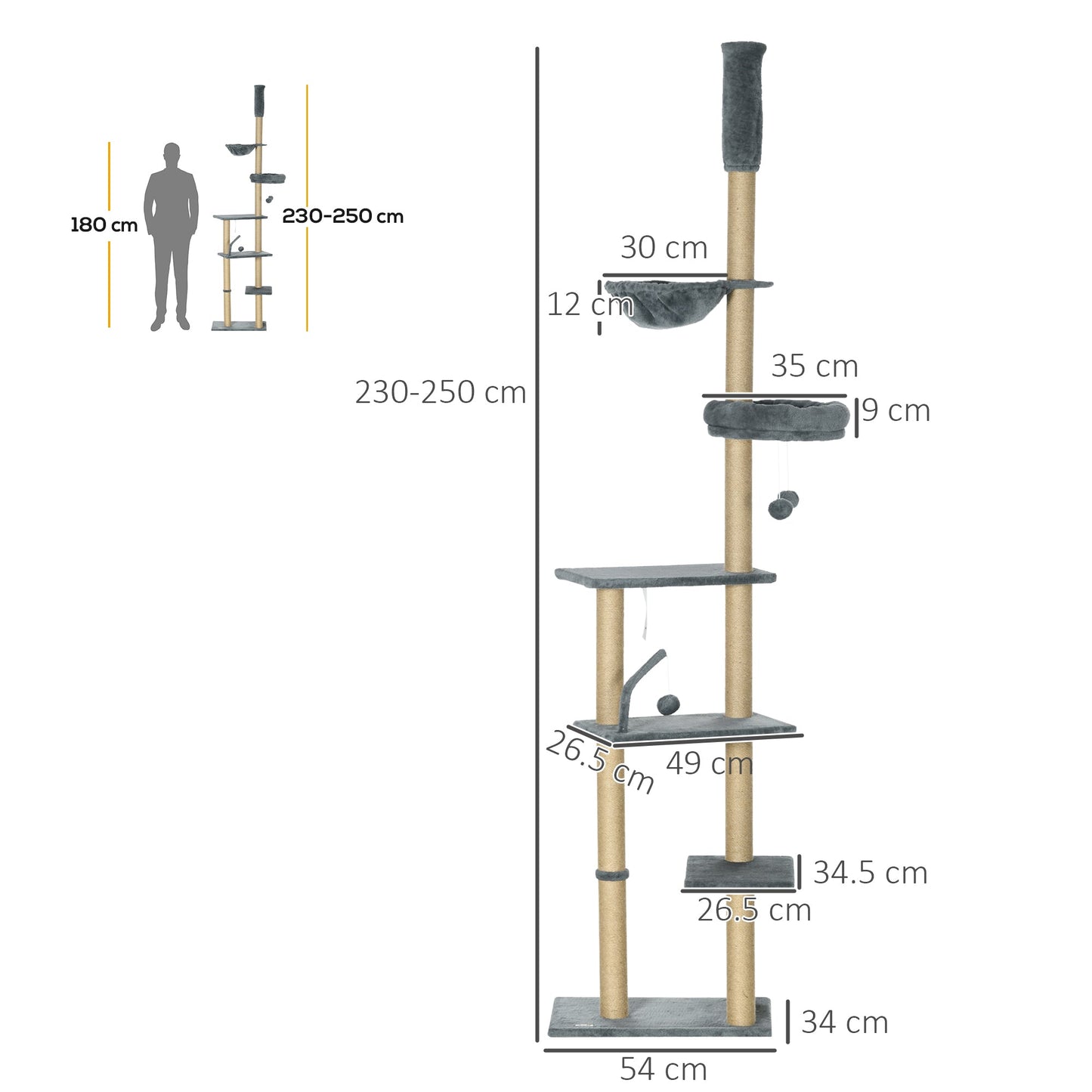 PawHut Floor to Ceiling Cat Tree, 6-Tier Play Tower Climbing Activity Center w/ Scratching Post, Hammock, Adjustable Height 230-250cm, Grey