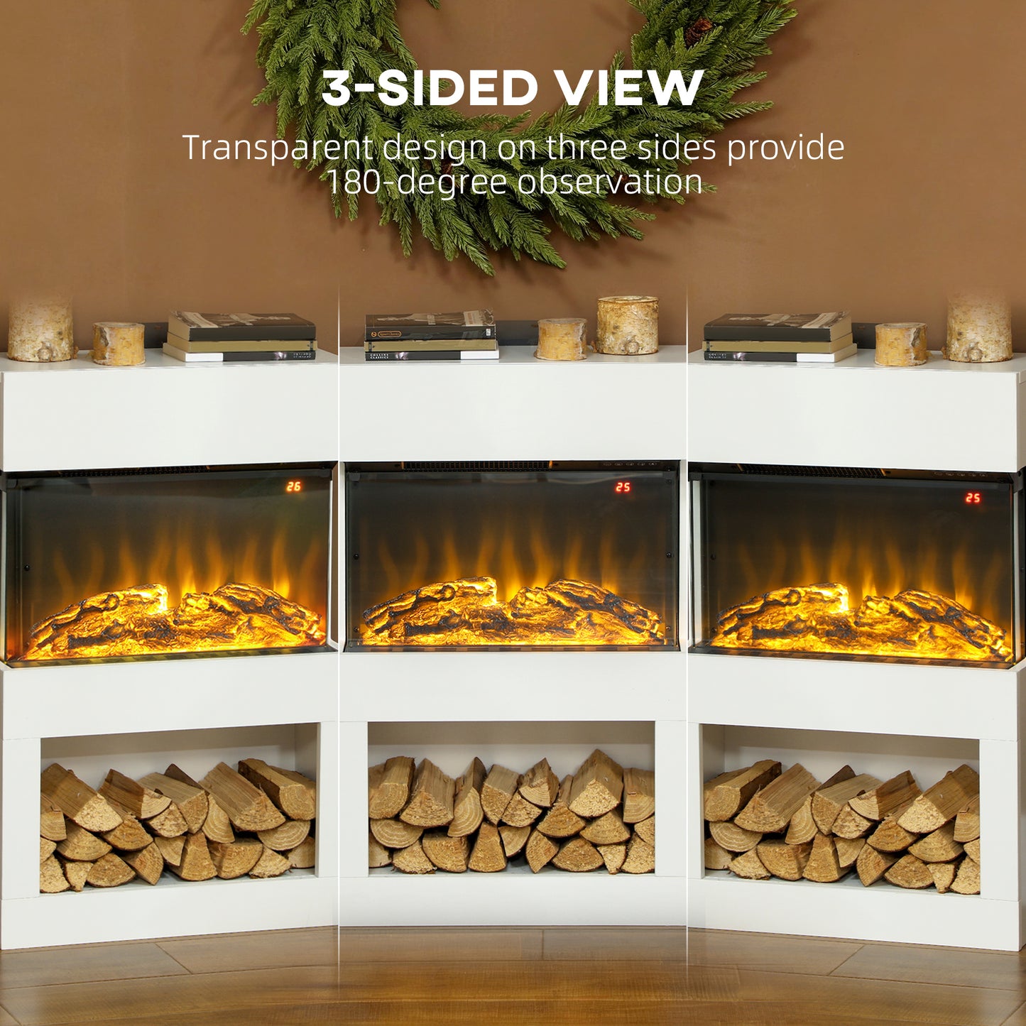 HOMCOM 19" Electric Fireplace with Surround, 3D Flame Effect, 6 Colours & 3 Brightness Levels, 1000W/2000W White Electric Fire and Mantel Reach up to 30ã¡ Space with Remote & Timer, 3 Sided View