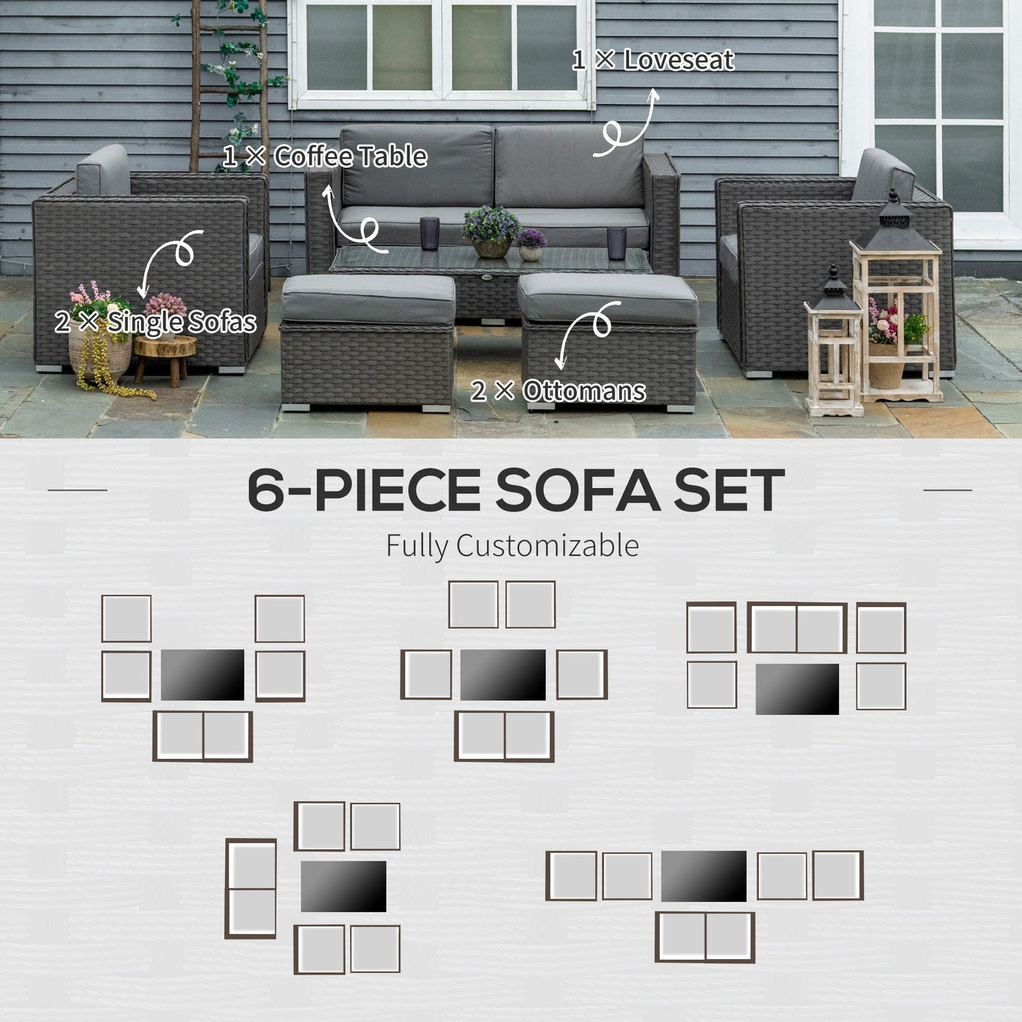 Outsunny 6 Piece Garden Rattan Sofa Set Outdoor Furniture Patio Table Loveseat Stool Lounging Ottoman Aluminium Frame Wicker Weave Conservatory Grey