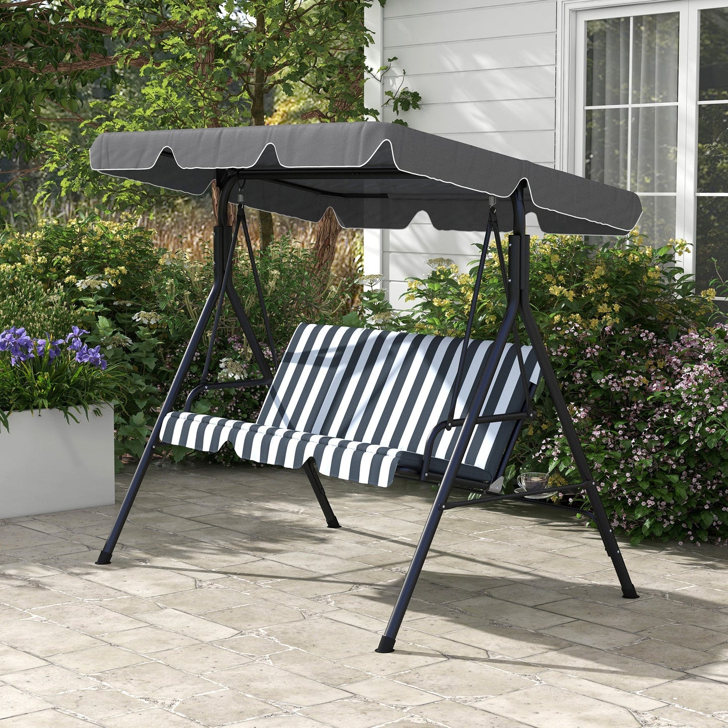 Outsunny 3-Seat Swing Chair Garden Swing Seat with Adjustable Canopy for Patio, Grey and White