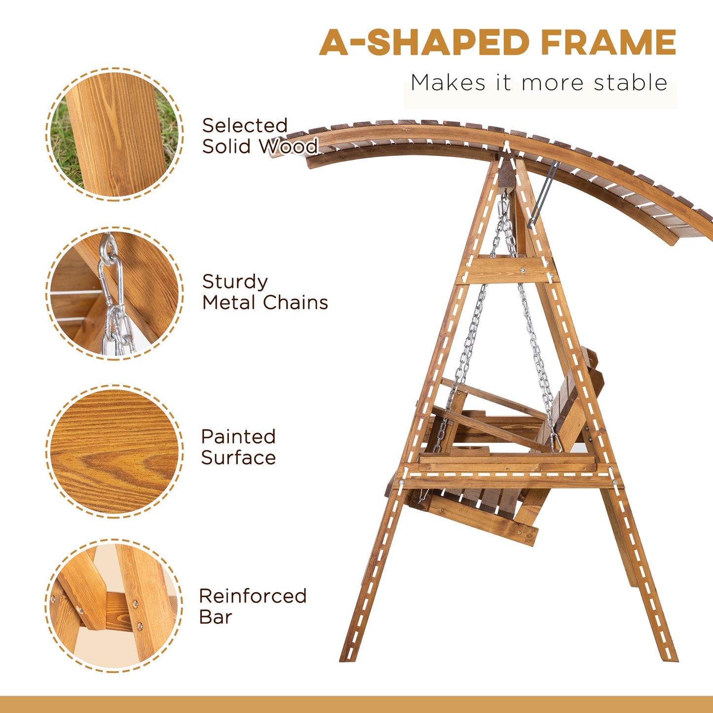 Outsunny 2 Seater Swing Chair, Garden Swing Bench with Adjustable Canopy, and Pine Wood Frame for Patio, Yard