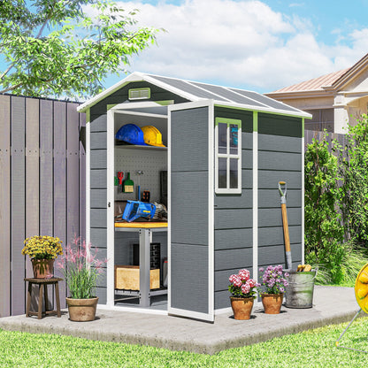 Outsunny 4 x 6ft Garden Shed, plastikowa szopa z podłogą, oknem, zamykanymi drzwiami i otworami wentylacyjnymi, żywiczna szopa na narzędzia do przechowywania na patio, zerowa konserwacja, szara