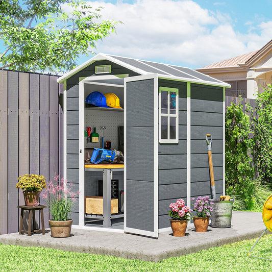 Outsunny 4 x 6ft Garden Shed, plastikowa szopa z podłogą, oknem, zamykanymi drzwiami i otworami wentylacyjnymi, żywiczna szopa na narzędzia do przechowywania na patio, zerowa konserwacja, szara