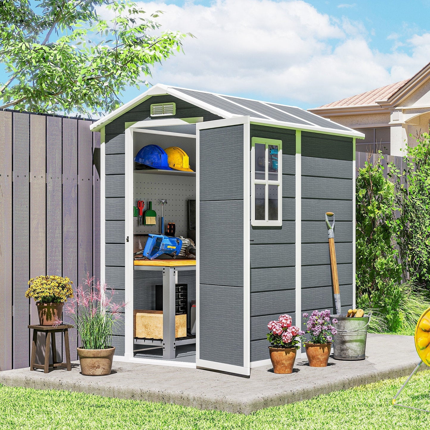 Outsunny 4 x 6ft Garden Shed, Plastic Shed with Floor, Window, Lockable Door and Vents, Resin Tool Shed for Outdoor Patio Storage, Zero Maintenance, Grey
