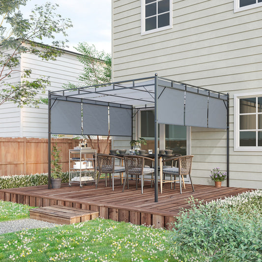 Outsunny 3 x 3(m) Steel Pergola Gazebo with Retractable Roof, Garden Gazebo Canopy Sun Shade Shelter for Outdoor, Deck, Patio, Dark Grey