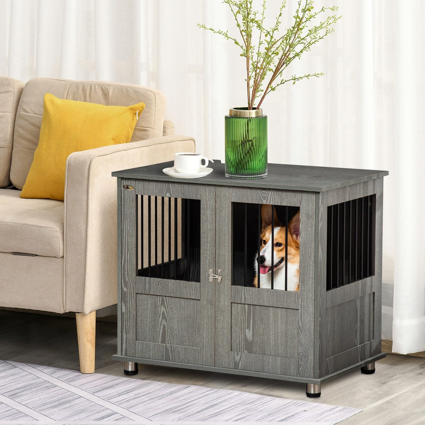 PawHut Dog Crate Furniture, Wooden End Table Furniture with Cushion & Lockable Magnetic Doors, Small Size Pet Kennel Indoor Animal Cage, Grey